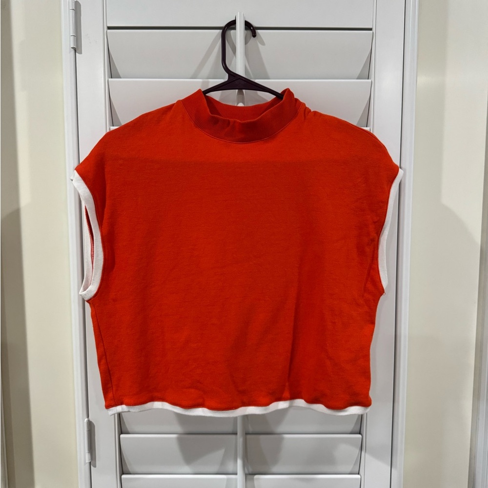 Anthropologie Mock Neck Cropped Orange Tank Top with White Trim